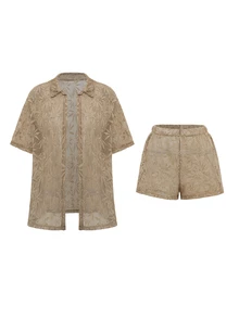 Swim SXY 2pcs Women's Holiday Beach Holiday Pool Party Khaki Hollow Out Top And Shorts Set Summer Boho - Brown - View 5