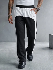 Manfinity CasualCool Men's Colorblock Drawstring Waist Pocket Casual Sweatpants - Black and White - View 4