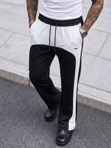 Manfinity CasualCool Men's Colorblock Drawstring Waist Pocket Casual Sweatpants - Black and White - View 3