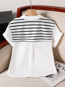 SHEIN 少女短袖衬衫，修身休闲款式，饰有刺绣骑士图案、侧边蝴蝶结和褶裥。舒适百搭，是春夏的理想之选，适合休闲外出、购物和聚会等场合。 - 黑與白 - 查看 2