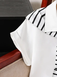SHEIN 少女短袖衬衫，修身休闲款式，饰有刺绣骑士图案、侧边蝴蝶结和褶裥。舒适百搭，是春夏的理想之选，适合休闲外出、购物和聚会等场合。 - 黑與白 - 查看 5
