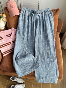 Comfortcana 大尺碼刺繡花卉抽繩腰寬腿長褲 - 藍色 - 查看 5