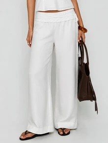Avenya Low Waist Tie Linen Wide Leg Casual Pants Fall/Winter - White - View 2