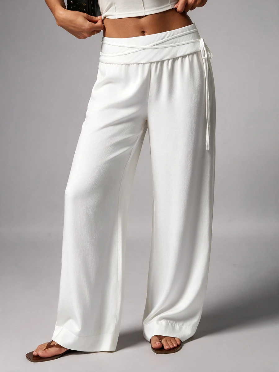 Avenya Low Waist Tie Linen Wide Leg Casual Pants Fall/Winter - White - View 1