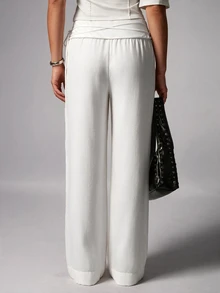 Avenya Low Waist Tie Linen Wide Leg Casual Pants Fall/Winter - White - View 6