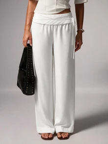 Avenya Low Waist Tie Linen Wide Leg Casual Pants Fall/Winter - White - View 5