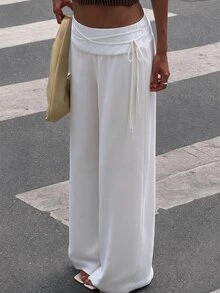Avenya Low Waist Tie Linen Wide Leg Casual Pants Fall/Winter - White - View 3