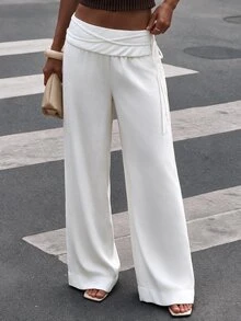 Avenya Low Waist Tie Linen Wide Leg Casual Pants Fall/Winter - White - View 4