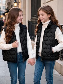 SHEIN 女童大童休閒百搭絎縫加厚立領短版背心，秋冬款 - 黑色 - 查看 5