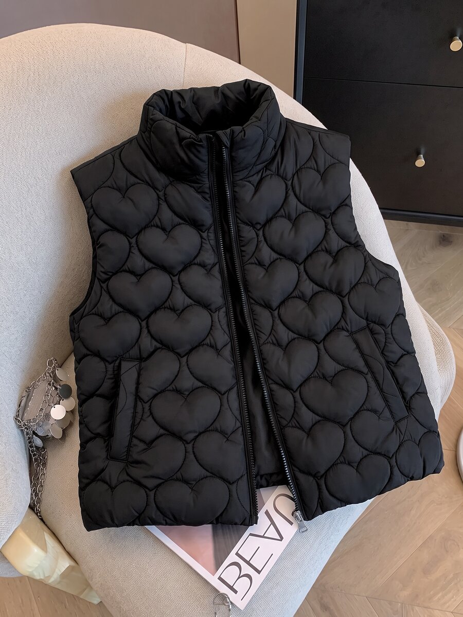 SHEIN 女童大童休閒百搭絎縫加厚立領短版背心,秋冬款 - 黑色 - 查看 1