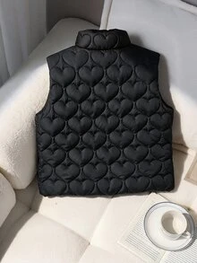 SHEIN 女童大童休閒百搭絎縫加厚立領短版背心，秋冬款 - 黑色 - 查看 2