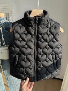SHEIN 女童大童休閒百搭絎縫加厚立領短版背心，秋冬款 - 黑色 - 查看 3