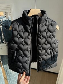 SHEIN 女童大童休閒百搭絎縫加厚立領短版背心，秋冬款 - 黑色 - 查看 6