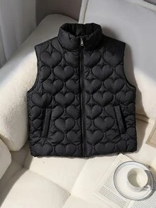 SHEIN 女童大童休閒百搭絎縫加厚立領短版背心，秋冬款 - 黑色 - 查看 8