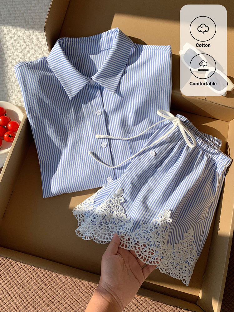Comfortcana Women's New Summer Casual Vacation White Woven Shirt & Shorts Set Fall Outfits Casual Sets For Women Work Outfits For Women Basic Back To School - Blue - View 3