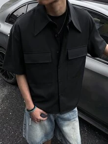 STEELVANCE 男士斜紋短袖襯衫，雙貼袋設計，長領設計，適合正式街頭休閒度假、派對，黑色夏季款 - 黑色 - 查看 1