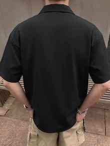 STEELVANCE 男士斜紋短袖襯衫，雙貼袋設計，長領設計，適合正式街頭休閒度假、派對，黑色夏季款 - 黑色 - 查看 2