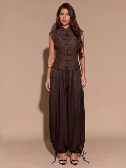 SHEIN BAE BAE Brown Lace Top & Satin Balloon Pants Set, Sheer Top Two Piece Suit Set For Party Evening Fall,Brown Lace Set Women,