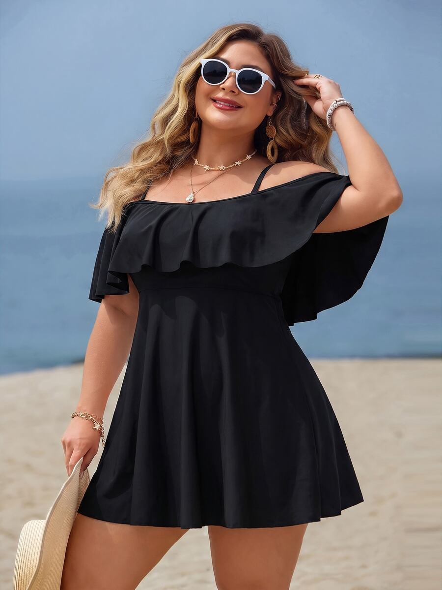Swim Lushoire Plus Size Women 2-Piece Casual Fashion Holiday Random Print Camisole Ruffle Straight Neck Waist-Cinching A-Line Split Swimsuit