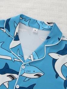 2pcs Boys' Casual Shark Print Short Sleeve Shorts Pajama Set, Loose Fit Breathable Fabric, Summer - Multicolor - View 5