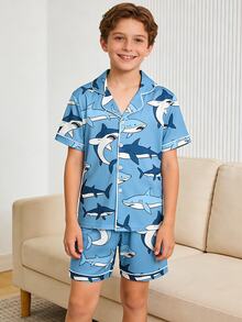 2pcs Boys' Casual Shark Print Short Sleeve Shorts Pajama Set, Loose Fit Breathable Fabric, Summer - Multicolor - View 3