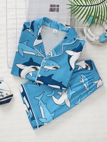 2pcs Boys' Casual Shark Print Short Sleeve Shorts Pajama Set, Loose Fit Breathable Fabric, Summer - Multicolor - View 6