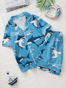 2pcs Boys' Casual Shark Print Short Sleeve Shorts Pajama Set, Loose Fit Breathable Fabric, Summer - Multicolor - View 4