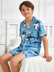 2pcs Boys' Casual Shark Print Short Sleeve Shorts Pajama Set, Loose Fit Breathable Fabric, Summer - Multicolor - View 1
