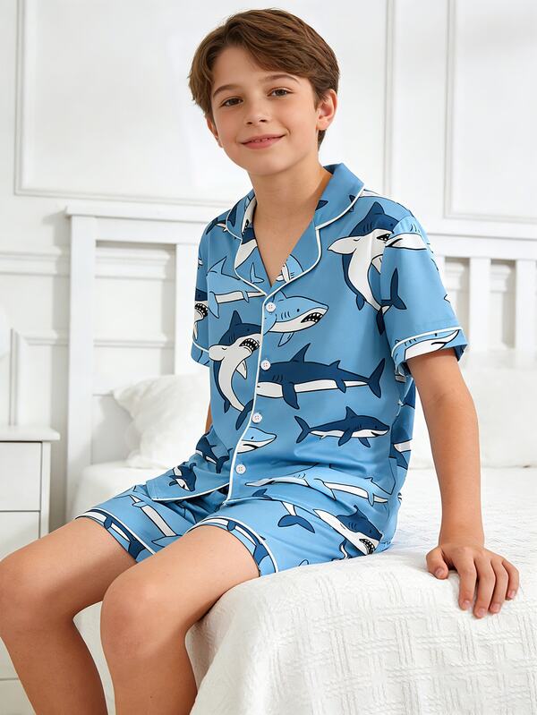 2pcs Boys' Casual Shark Print Short Sleeve Shorts Pajama Set, Loose Fit Breathable Fabric, Summer