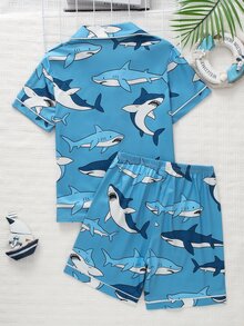2pcs Boys' Casual Shark Print Short Sleeve Shorts Pajama Set, Loose Fit Breathable Fabric, Summer - Multicolor - View 2