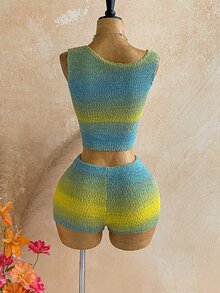 Soleia Women's Blue And Yellow Asymmetric Neckline Sleeveless Top And Shorts Knit 2 Pieces Set Beach Vacation Summer Casual - Multicolor - View 8