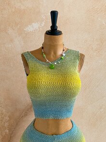 Soleia Women's Blue And Yellow Asymmetric Neckline Sleeveless Top And Shorts Knit 2 Pieces Set Beach Vacation Summer Casual - Multicolor - View 6