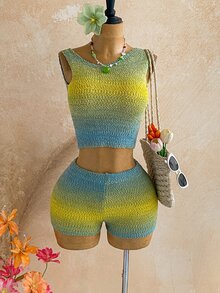 Soleia Women's Blue And Yellow Asymmetric Neckline Sleeveless Top And Shorts Knit 2 Pieces Set Beach Vacation Summer Casual - Multicolor - View 4
