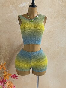 Soleia Women's Blue And Yellow Asymmetric Neckline Sleeveless Top And Shorts Knit 2 Pieces Set Beach Vacation Summer Casual - Multicolor - View 7