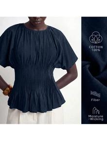 SHEIN Stylify Women's French Elegant Minimalist Casual Soft Style Chocolate Brown Cotton Spring/Summer New Waist Pleated Design Slimming Blouse Shirt, Suitable For 20-35+ Women For Office And Holiday Wear - Navy Blue - View 8