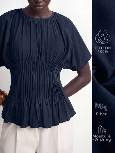SHEIN Stylify Women's French Elegant Minimalist Casual Soft Style Chocolate Brown Cotton Spring/Summer New Waist Pleated Design Slimming Blouse Shirt, Suitable For 20-35+ Women For Office And Holiday Wear