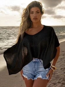 Swim SXY New Cross-Border Solid Color One-Piece Elegant Vacation Style Women's Swimwear Top - Black - View 7