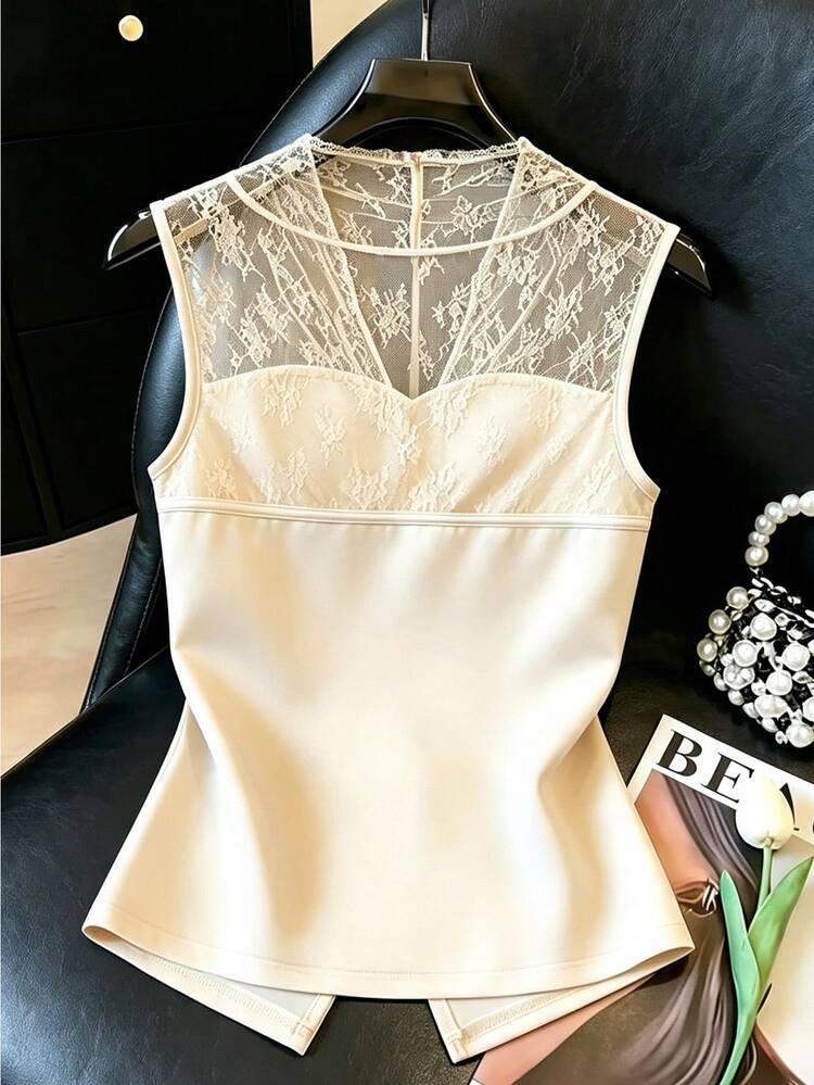 GlowEve Women's Black V-Neck Contrast Lace Ruched Placket Single-Row Button Sleeveless Fitted Waist Sexy Commuter Design Tank Top - Apricot - View 2