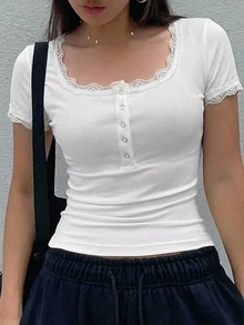 DAZY 女士纯色撞色蕾丝纽扣半开襟短袖T恤 夏季 Y2K - 白色 - 查看 4