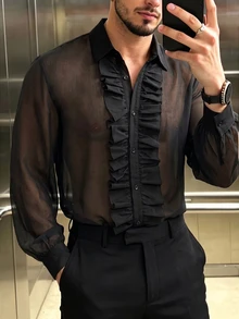 Manfinity Dauomo Men's Fashion Sexy Lace Patchwork Shirt - Black - View 5