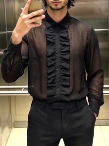 Manfinity Dauomo Men's Fashion Sexy Lace Patchwork Shirt - Black - View 4