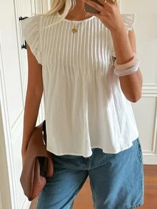 SHEIN EZwear 白色編織女款圓領荷葉袖上衣，適合早午餐、夏季優雅可愛茶會穿著 - 白色 - 查看 7