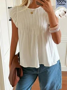 SHEIN EZwear 白色編織女款圓領荷葉袖上衣，適合早午餐、夏季優雅可愛茶會穿著 - 白色 - 查看 8
