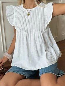 SHEIN EZwear 白色編織女款圓領荷葉袖上衣，適合早午餐、夏季優雅可愛茶會穿著 - 白色 - 查看 3