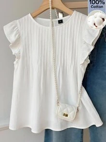 SHEIN EZwear 白色編織女款圓領荷葉袖上衣，適合早午餐、夏季優雅可愛茶會穿著 - 白色 - 查看 1