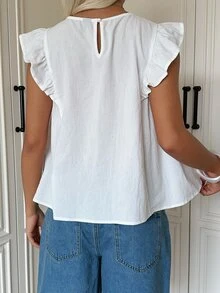 SHEIN EZwear 白色編織女款圓領荷葉袖上衣，適合早午餐、夏季優雅可愛茶會穿著 - 白色 - 查看 2