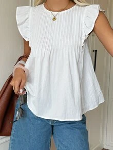 SHEIN EZwear 白色編織女款圓領荷葉袖上衣，適合早午餐、夏季優雅可愛茶會穿著 - 白色 - 查看 5