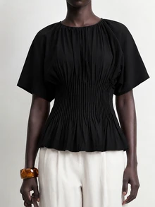 SHEIN Stylify 女款法式優雅極簡休閒軟調黑色棉質春夏新款收腰百褶設計顯瘦襯衫上衣，適合辦公室與早午餐 - 黑色 - 查看 4