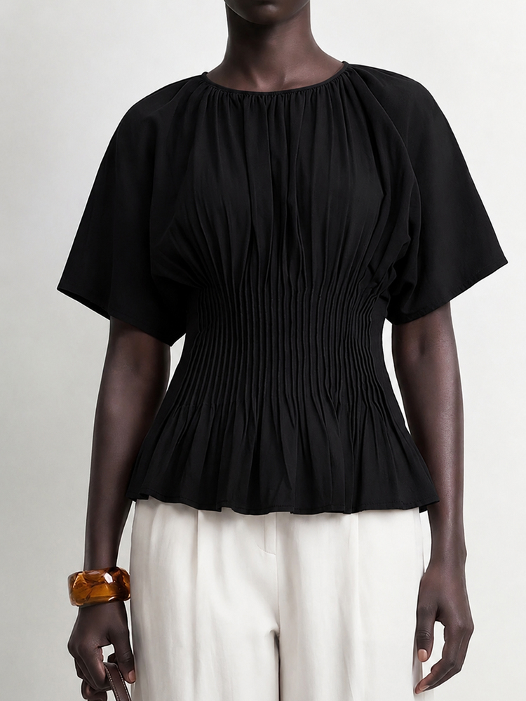 SHEIN Stylify 女款法式優雅極簡休閒軟調黑色棉質春夏新款收腰百褶設計顯瘦襯衫上衣，適合辦公室與早午餐 - 黑色 - 查看 4
