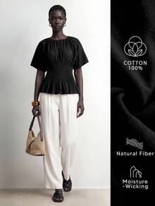 SHEIN Stylify 女款法式優雅極簡休閒軟調黑色棉質春夏新款收腰百褶設計顯瘦襯衫上衣，適合辦公室與早午餐 - 黑色 - 查看 3